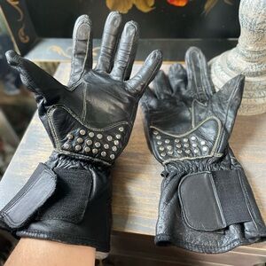 Teknic black leather gloves Silver studs L motorcycle biker Halloween costume